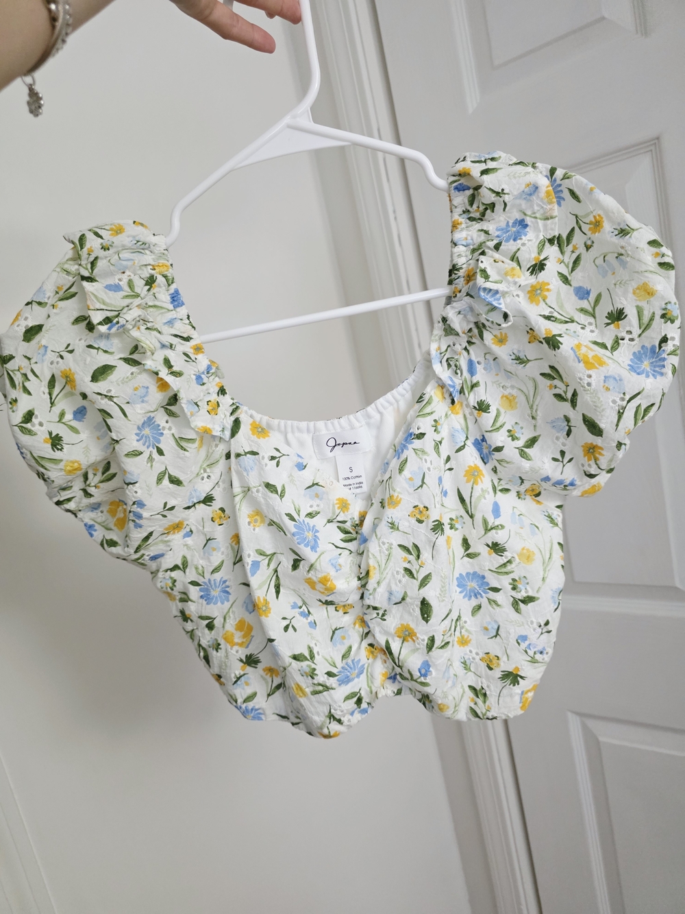 Floral Puff Sleeve Crop Top - White with Blue & Yellow Flowers